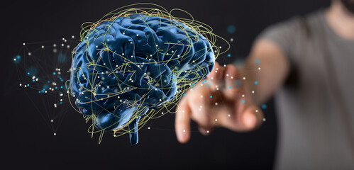 Human brain digital illustration. Electrical activity, flashes and lightning on a blue background.