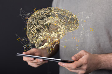 Human brain digital illustration. Electrical activity, flashes and lightning on a blue background.