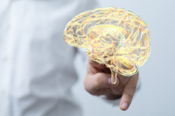 Human brain digital illustration. Electrical activity, flashes and lightning on a blue background.
