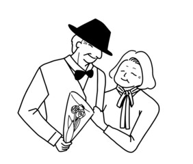 花束を妻に贈る夫　仲良しの老夫婦