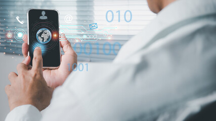A businessman points to an operator's symbol, with icons for after-sales services. The communication channel of customer satisfaction