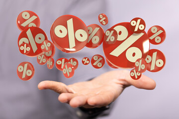 Red cubes percent falling on a white background. 3d rendering. Illustration for advertising.