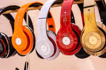 Closeup shot of colorful headphones in a shop