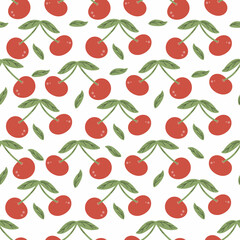 Vector seamless pattern with ripe red cherries and green leaves