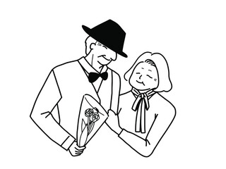 花束を妻に贈る夫　仲良しの老夫婦