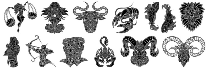 Set of all 12 zodiac signs isolated. Aries; Taurus; Gemini; Cancer; Leo; Virgo; Libra; Scorpio; Sagittarius; Capricorn; Aquarius and Pisces on white background. Vector illustration - obrazy, fototapety, plakaty