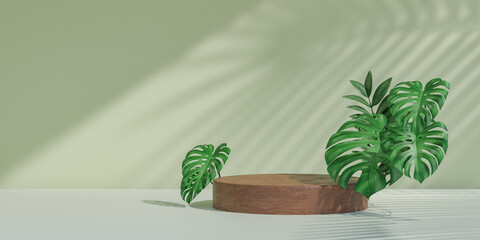 Cosmetic display product stand, Wood circle cylinder podium with green leaf background. 3D rendering illustration