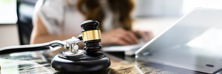 Doctor Malpractice Court. Law Gavel And Stethoscope