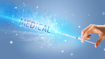 Syringe, medical injection in hand