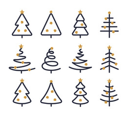 Fototapeta premium Merry Christmas Gold and Black Fir Trees Icons Set in Modern Style isolated on white background. Vector Illustration. Glitter Sequins Texture. Season Greetings symbol