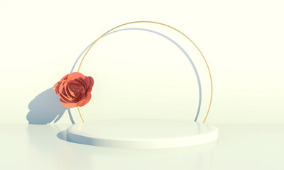 3D rendering background with rose flower and geometric shape podium for product display, minimal concept.