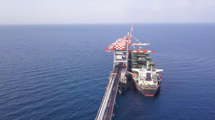 Bulk container ship unloads coal in the port of power station.