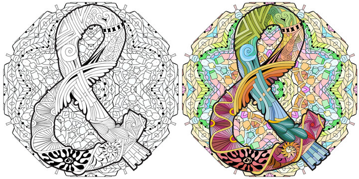 Hand drawn zentangle ampersand on mandala for coloring. Vector decorative unusual object. Colored and outline set