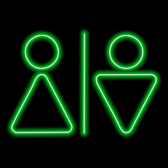 Neon green symbol of the WC toilet male female on black background. Icon illustration