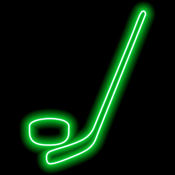 A simple image of a hockey stick and puck. Green neon contour. Icon illustration