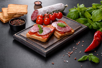 Spanish dried sausage salami on a dark concrete background