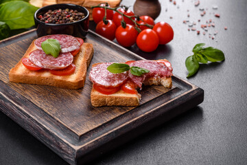 Spanish dried sausage salami on a dark concrete background