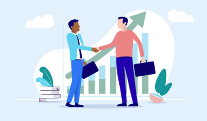 Business deal and growth - Two people shaking hands in front of growing business graph. Agreement and deal concept, vector illustration