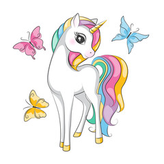 Beautiful illustration of cute little smiling unicorn  with mane  rainbow colors  .Hand drawn picture for your design. - 449578798