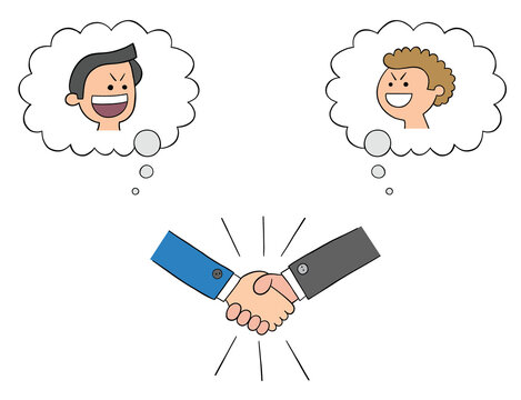 Cartoon Two Businessmen Shake Hands And Get Along, But Both Are Sneaky, Vector Illustration