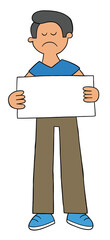 Cartoon unhappy man holding blank sign, vector illustration