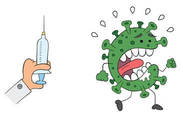 Cartoon doctor is holding a vaccine or a needle and virus runs away in fear, vector illustration