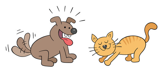 Cartoon happy dog and cat friendship, vector illustration