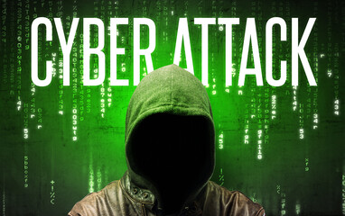 Faceless hacker with inscription concept
