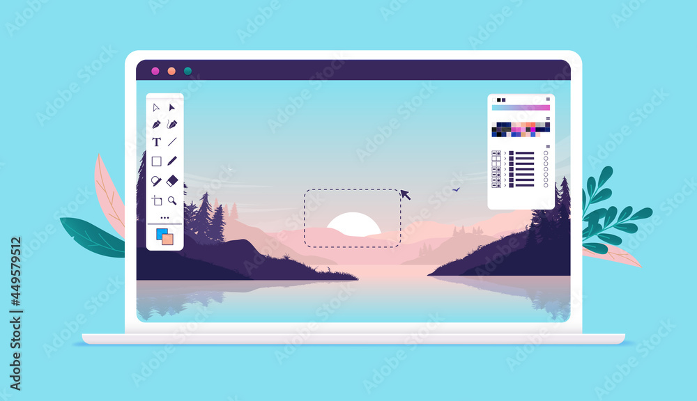 Poster Image editing on laptop computer screen - Photo editor software with user interface and beautiful landscape image. Vector illustration