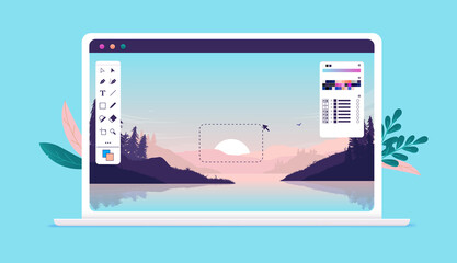 Image editing on laptop computer screen - Photo editor software with user interface and beautiful landscape image. Vector illustration - obrazy, fototapety, plakaty