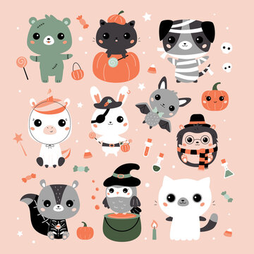 Halloween set with cute animals in costumes - pirate, zombie, witch, wizard, skeleton, mummy, unicorn, and ghost. Cartoon kawaii characters with candy and sweets. Vector illustration.