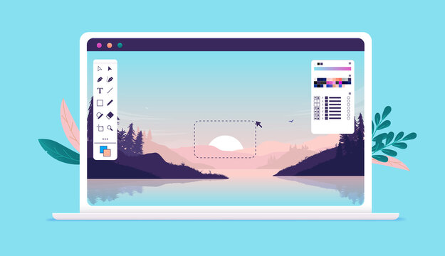 Image editing on laptop computer screen - Photo editor software with user interface and beautiful landscape image. Vector illustration