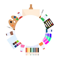 Obraz premium Artistic instruments, paint, brushes, mastikhin. Logo for drawing school. Vector illustration isolated on a white background