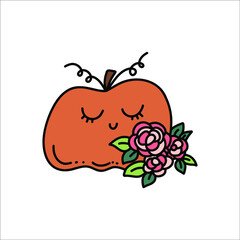 Cartoon vector illustration of halloween romantic pumpkin with flowers