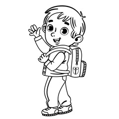 Back to school concept, a little boy with a backpack looks at us and waves his hand and smiling. Black and white vector illustration.
