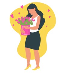 Vector illustration in a flat style of a girl holding a box with a bouquet of tulips. Flowers were delivered as a gift, she is happy and in love. EPS10