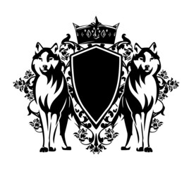 pair of standing wolves with heraldic shield and royal crown - medieval style fantasy coat of arms black and white vector silhouette design