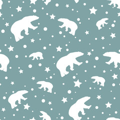 seamless winter pattern with white snowflakes, polar bears and stars. vector flat Christmas ornament