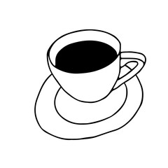 Black Hand drawing outline vector illustration of a cup of hot coffee or tea with a plate isolated on a white background