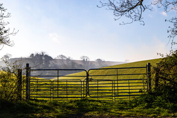 Cow gates at the entrance to a field of rolling hills