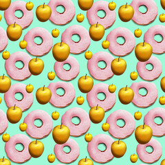 Bright colored background with realistic yellow apples and donuts on a light green background. Delicious appetizing digital design for invitation, or greeting cards, textiles, wrapping paper