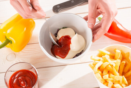Top view on ingredients in a bowl about to be mixed