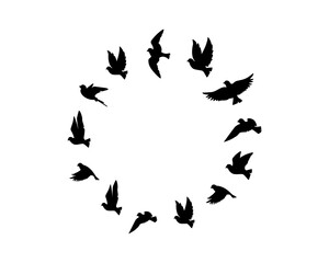 Obraz na płótnie Canvas Flying birds silhouettes in shape of a circle, vector. Flying birds illustration. Minimalist poster design isolated on white background. Wall decals, wall artwork