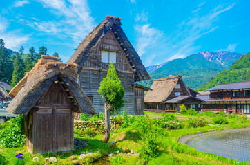 Fototapeta na wymiar A house in historical villages of Shirakawa-go. Village of traditional Gassho Zukuri style Houses in Gifu Prefecture, Japan. A UNESCO World Heritage site.