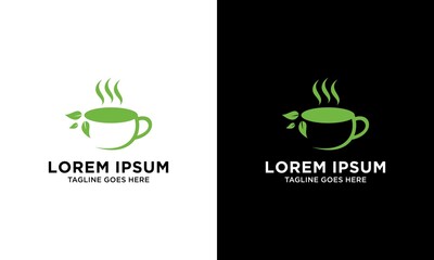 Cup Tea with Green Leaf Green Tea Logo Template Isolated in White and black Background.