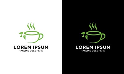 Line art Cup Tea with Green Leaf Green Tea Logo Template Isolated in White and black Background.