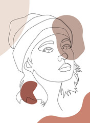 Abstract poster with minimal woman face in hat. One line drawing style.
