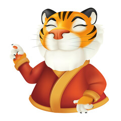 Cute cartoon smiling tiger character in red clothes. Vector illustration of a funny striped wildlife animal isolated on a white background. Symbol of the year by the Chinese calendar
