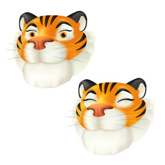Cute cartoon smiling tiger head. Zodiac symbol of the year by the Chinese calendar. Vector funny illustration of a striped wildlife animal character isolated on a white background. 3D icon