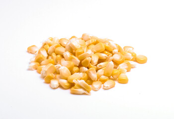 Yellow grain corn isolated on white background, for popcorn
